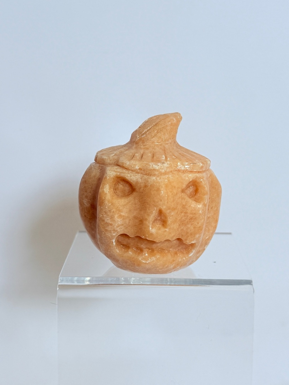 Hand Carved Orange Calcite Jack O Lantern Pumpkin Crystal Figurine